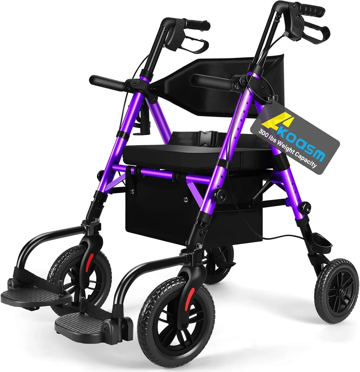 AKOASM's 2-in-1 rollator walker in purple — converts from rolling walker to transport wheelchair with a flip of the backrest, rated to 300 lbs