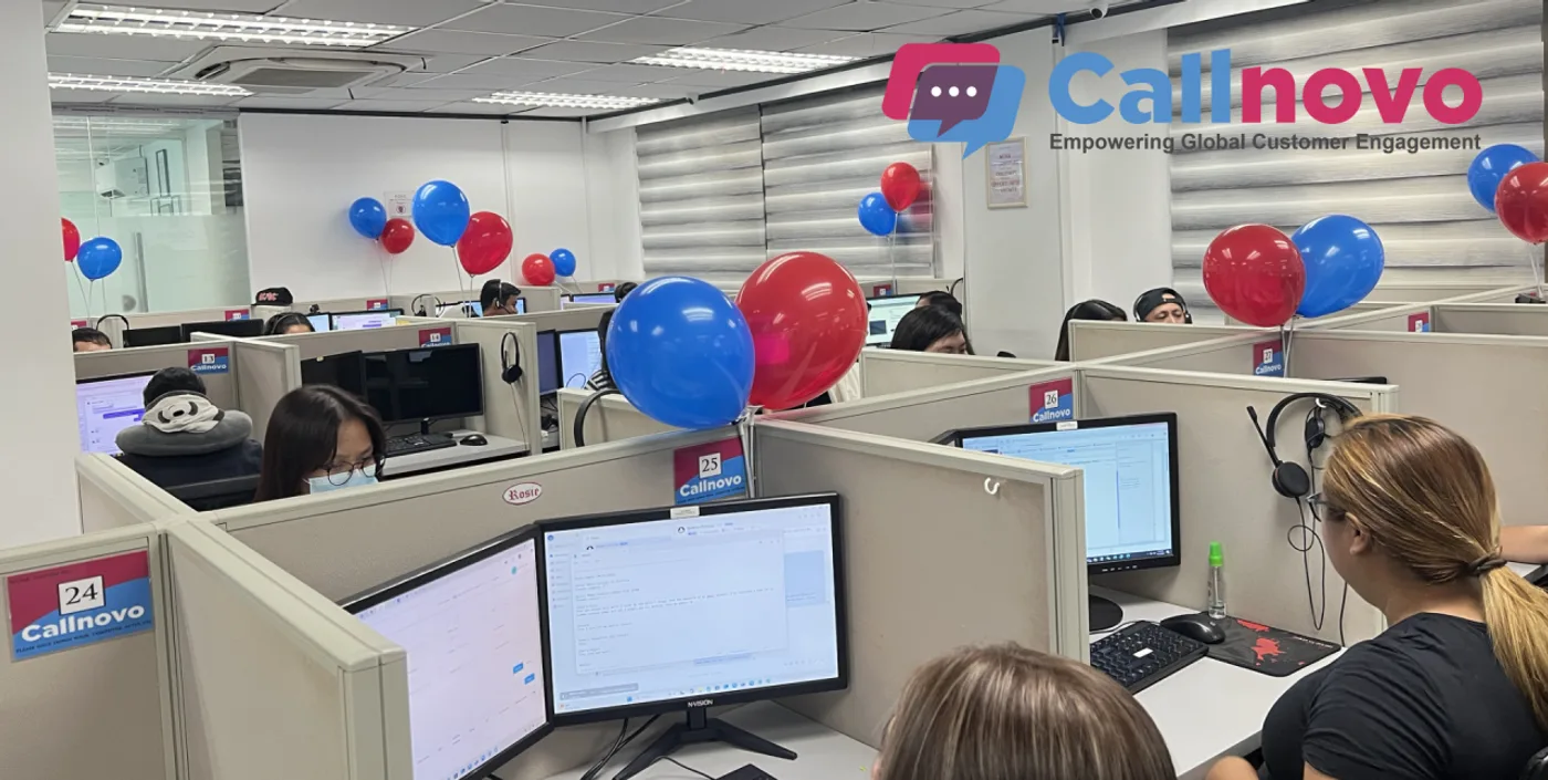 Callnovo customer service agents on headsets at their workstations in a busy support center, the specialist English-language team behind outdoor furniture assembly guidance and return prevention