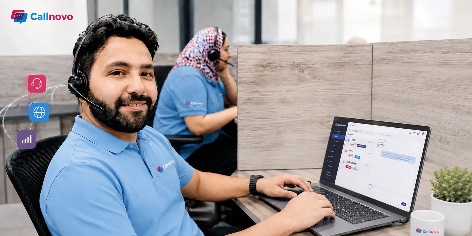 Two Callnovo support agents in branded polos wearing headsets, working in a HeroDash workspace