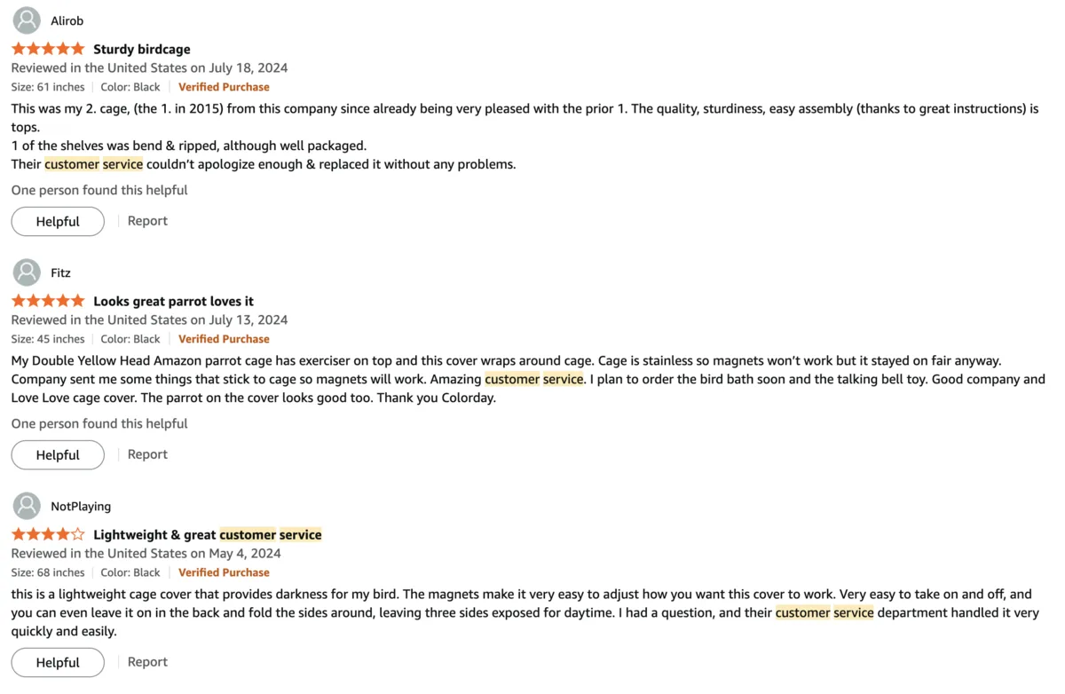 Amazon customer reviews highlighting Colorday's excellent customer service — reviewers specifically mention fast replacements, amazing customer service, and quick issue resolution