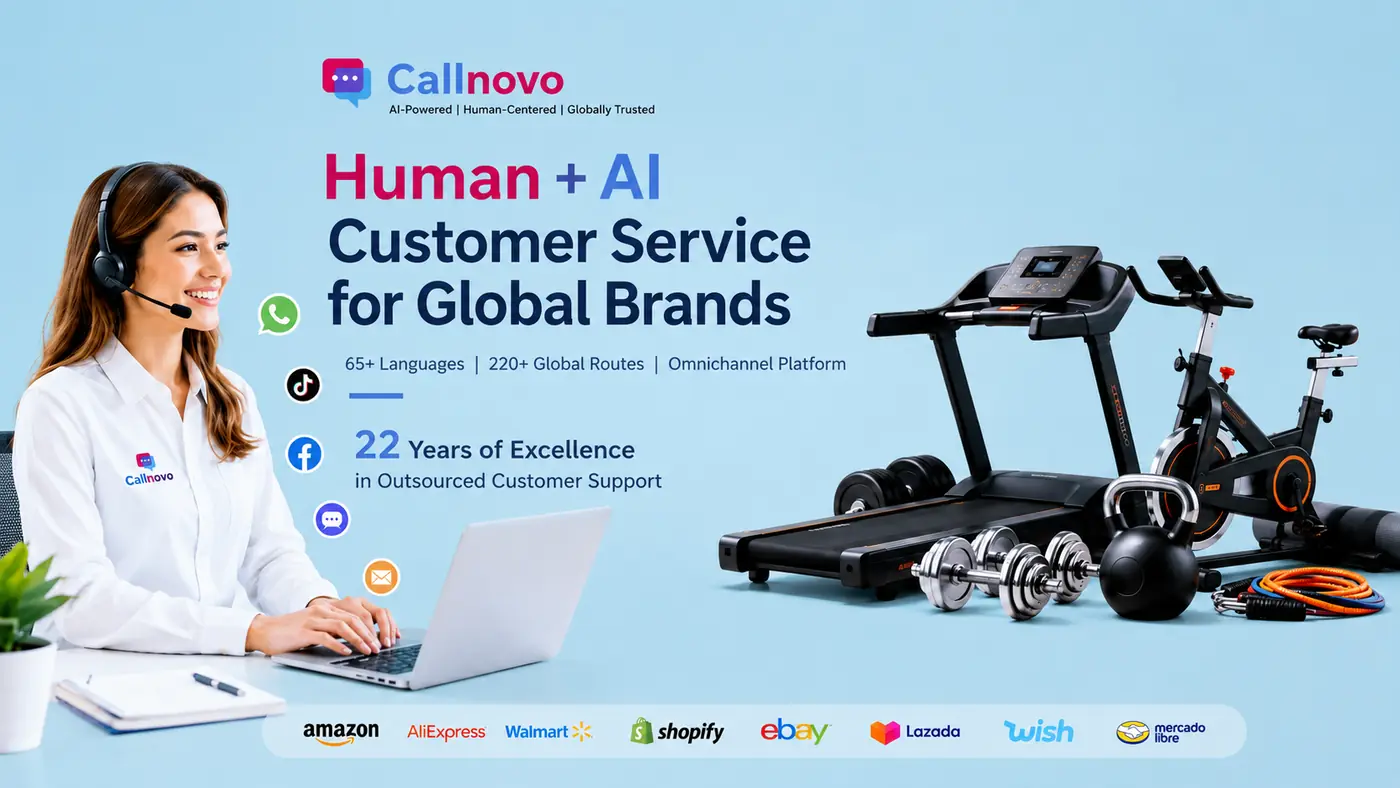 Callnovo 'Human + AI Customer Service for Global Brands' banner — a headset support agent, home fitness equipment, 65+ languages, and major marketplace logos