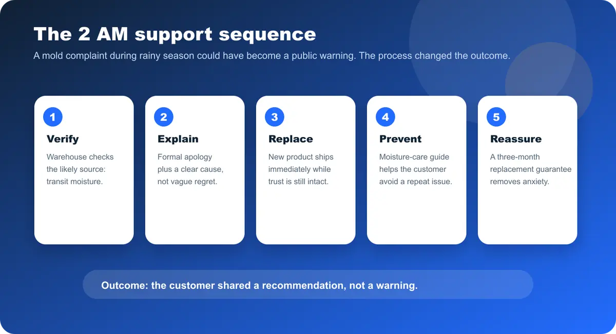 A five-step 2 AM customer support workflow: verify, explain, replace, prevent, and reassure