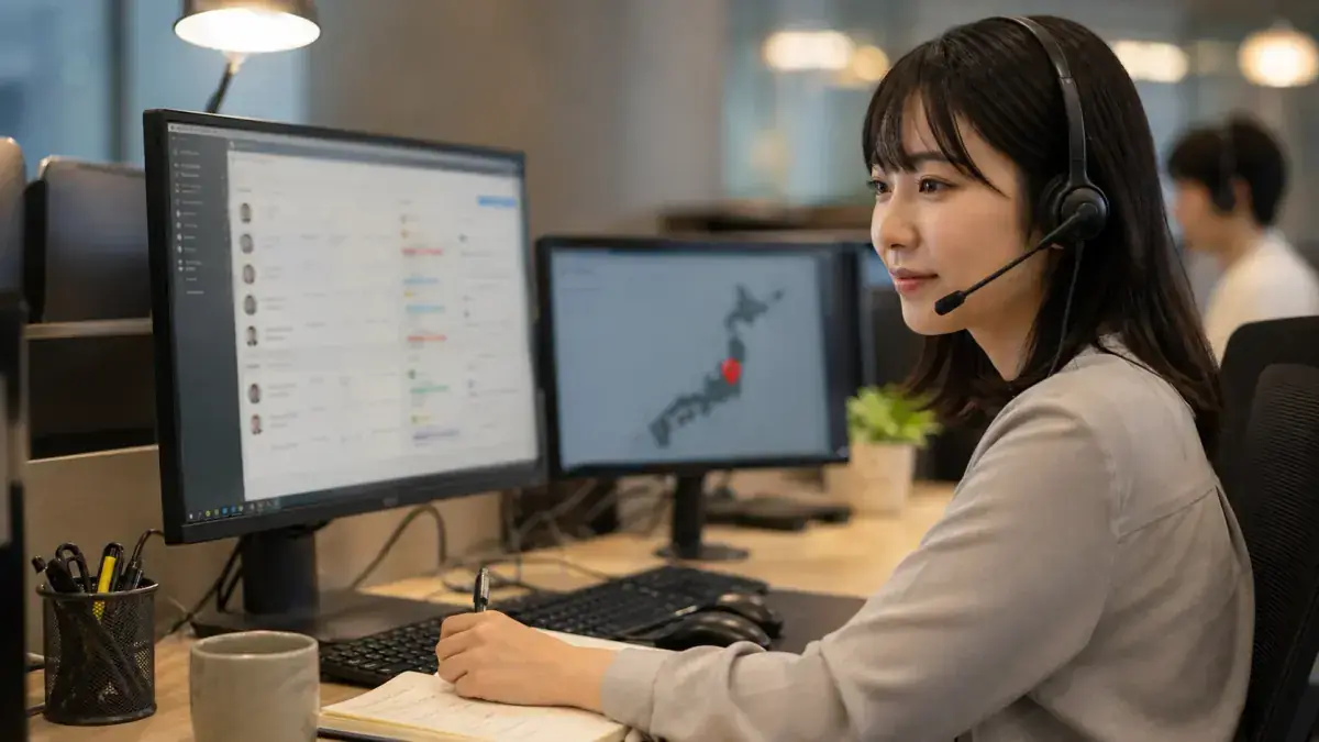 A Japanese-language customer support agent working at a contact center workstation