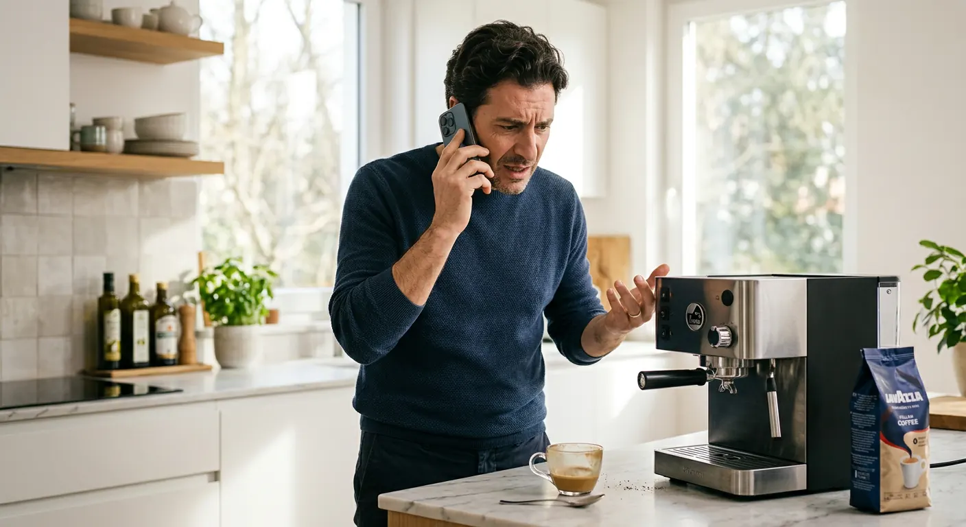 A frustrated customer in a bright kitchen holding a phone to his ear beside his espresso machine and a cup with thin crema