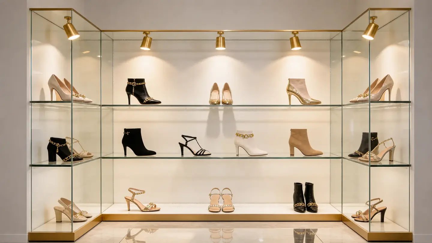 Luxury footwear showroom display with premium shoes arranged on glass shelves under warm spotlights