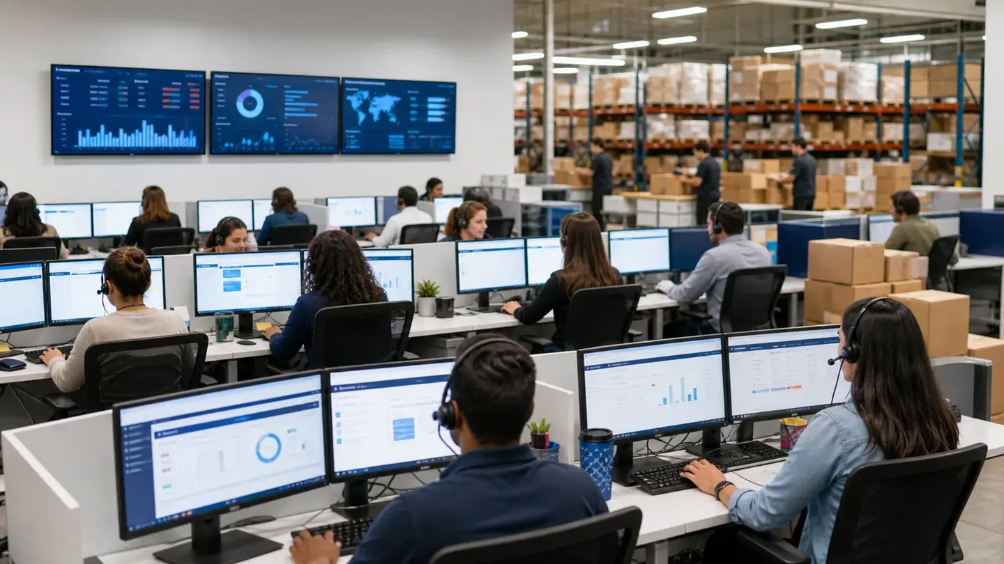 Ecommerce operations room with support agents monitoring order dashboards during a Prime Day order surge