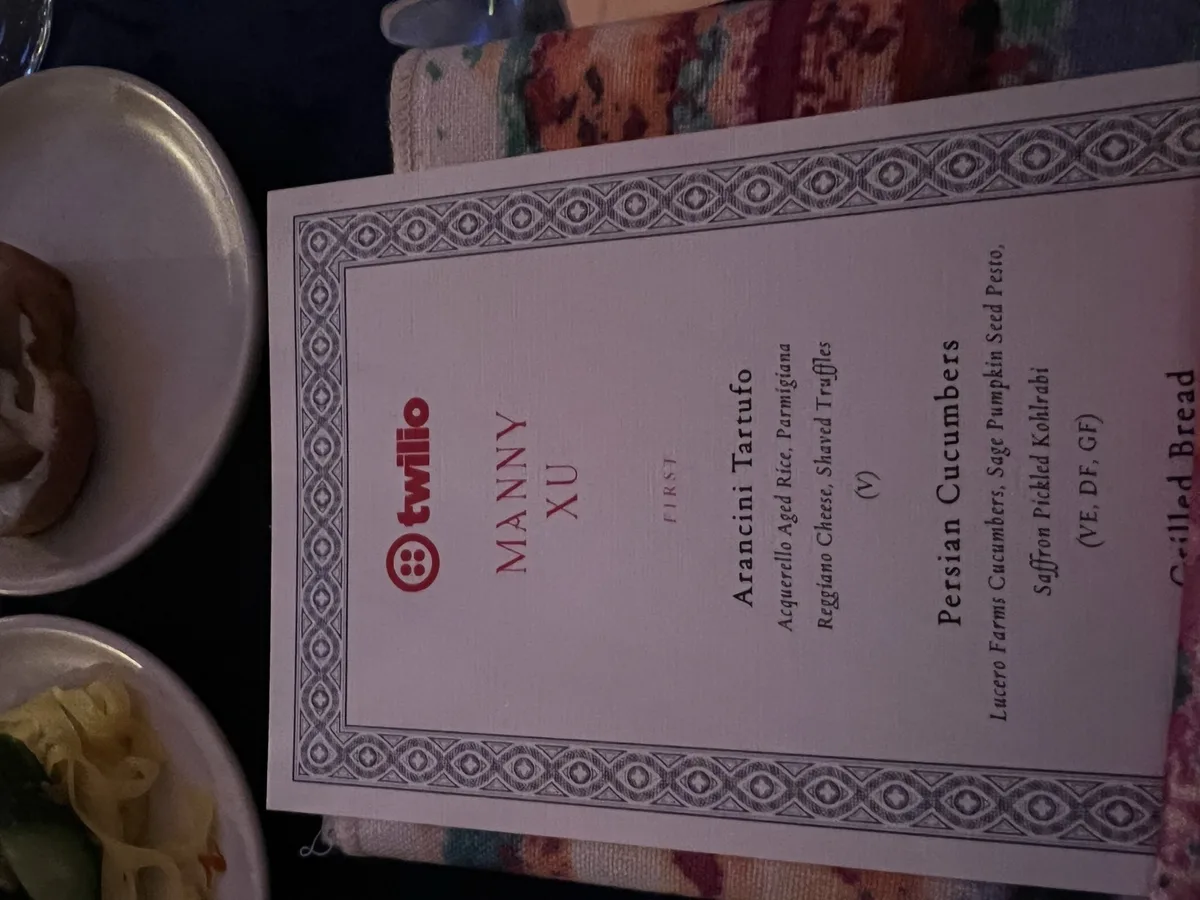 Twilio Signal 2025 VIP dinner — personalized menu card for Manny Xu