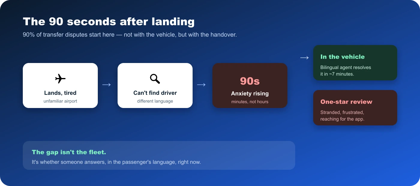 The 90 seconds after landing: a tired passenger lands, can't find their driver, and within 90 anxious seconds the booking either resolves into the vehicle or becomes a one-star review